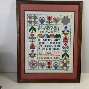 Vintage Handmade 1984 Cross Stitch Sampler The Woods Framed 15"x20"